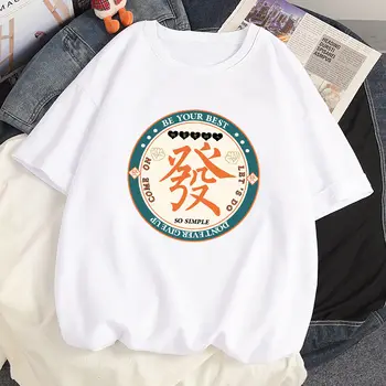 100% Pamut Nyári Harajuku Tshirt Anime Aranyos Fehér Mahjong Minta Alkalmi Póló Nők Laza Túlméretezett pólók Felsők Pólók