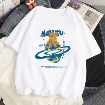 100% Pamut Nyári Túlméretezett póló Harajuku Rajzfilm Anime Kawaii Szaturnusz Medve Nyomtatás Laza Rövid Ujjú póló Női Felsők