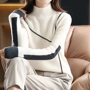 100% tiszta gyapjú pulóver női fele magas nyakú pulóver kasmír pulóver laza laza, hosszú ujjú kötött új téli kabát S-XL