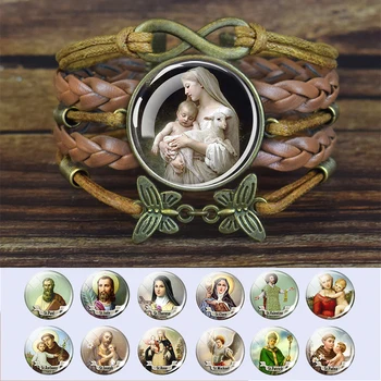 12 Szent Karkötő Szűz Mária, Jézus Keresztény Katolicizmus Üveg Cabochon Többrétegű Kötél Karkötő Női
