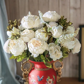 13 Fej Mesterséges Bazsarózsa Csokor Virág Selyem Hamis Virág Dekoráció, Esküvői Dekoráció Otthon Kert Virágkötészet Dekoráció
