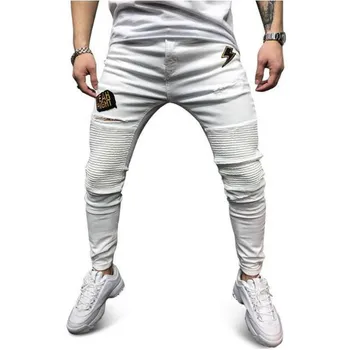 2020 Új Férfi Trend Szakadt Javítás Koldus Nadrág a Divat Levelet Hímzés Redők Utcai Hip-Hop Slim-Fit Jeans Minden Évszakban