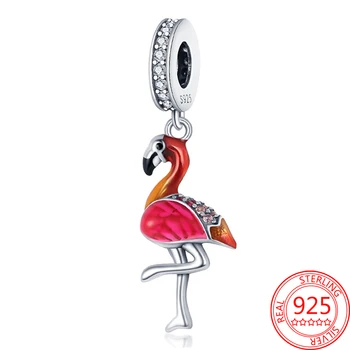 2021 Új 925 Sterling Ezüst Trópusi Állatok Piros Flamingó Madár Fityeg Varázsa Varázsa Illik 3MM Pandora Karkötő Karperec Női