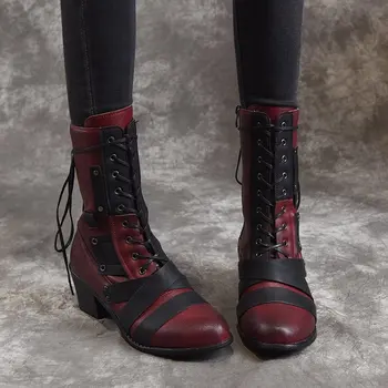 2021New Női Téli Szabadtéri Lace-up Boka Csizma Női Tér Sarok PU Boot Plus Size 35-43 Alkalmi Cipők Nő Zapatos Mujer