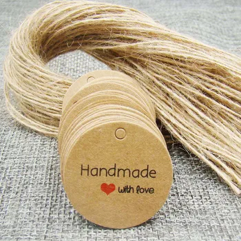 3cm kerek kraft Hand made with love papír címkék string kender DIY cookie-k/cukorka/esküvői kedvezmények egyéni márka logó tag