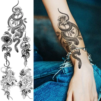 3D Valósághű Rózsa Virág Kígyó Ideiglenes Tetoválás A Nők, Felnőtt Lány Bazsarózsa Kígyó Kígyó Hamis Tetkó Divat a Fél Ujja Tetkóimat