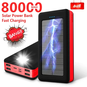 80000mAh Solar Power Bank Gyors Töltés Nagy kapacitású Hordozható Utazási Sürgősségi Mobilephone Töltő Iphone Xiaomi Samsung