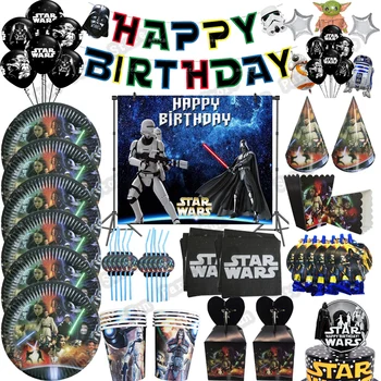 A Disney-Star Wars Téma Születésnapi Party Kellékek Eldobható Evőeszközök Papír Kupa Lemez Szalma Lufi Dekoráció Ajándék A Babának