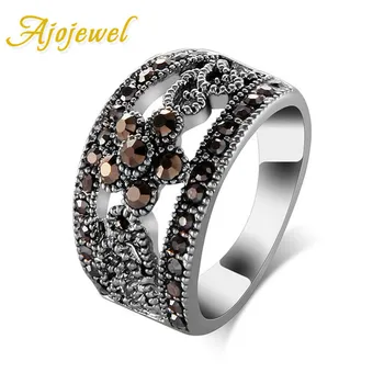 Ajojewel Vintage Ékszer, Női Gyűrűk, Virág Design Fekete Marcasite Zenekar Gyűrű 5.5 7 8 9 10