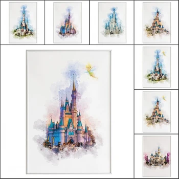 Akvarell Disney Princess Dream Castle Vászon Festmény Rajzfilm Épület Tündérország Poszter Nyomtatás Wall Art Képek Gyerek, Dekoráció