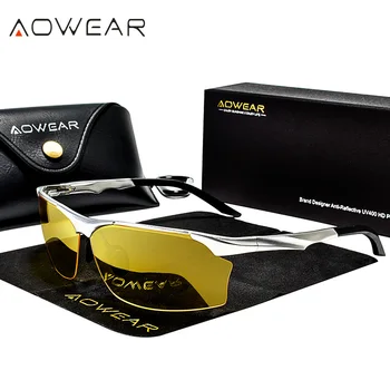 AOWAER Alumínium Keret nélküli éjjellátó Szemüveg Férfiak Polarizált Sárga Anti-Vakító fény Éjszakai Vezetés Luxus Napszemüveg Autót Vezető Szemüveg
