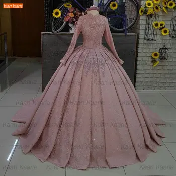 Arab Forró Rózsaszín Esküvői Ruhák 2021 Hosszú Ujjú Vestidos De Noiva Csipke Ball Ruha Menyasszony Ruha Muszlim Dubai Vestido De Casamento