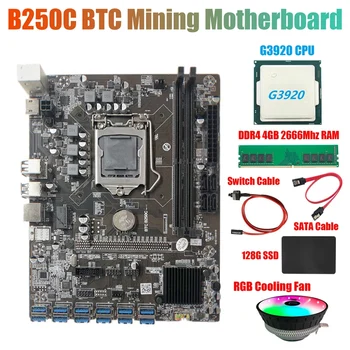 B250C Bányász Alaplap+G3930 CPU+RGB Ventilátor+DDR4 4GB RAM+128G SSD+Kapcsoló Kábel+SATA Kábel 12*a PCIE, hogy USB3.0 GPU-s Kártya Foglalat