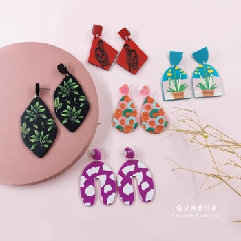 Bohém Színes Növény 3D Nyomtatott Egyedi Akril Trendi Csepp Fülbevaló Női Geometriai Lány Ékszer Divat Fél Nagykereskedelmi