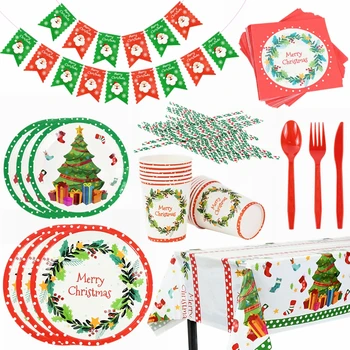 Boldog Karácsonyt Eldobható Evőeszközök, Papír, Santa Claus, Tányér, Csésze Szalvéta Karácsonyi, Szilveszteri Buli Itthon Vacsora Asztali Készletek