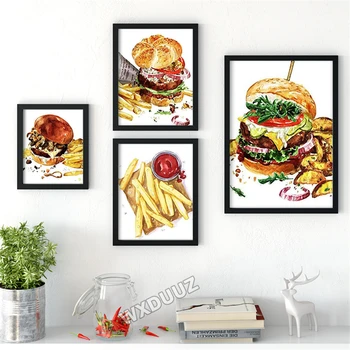 Burger konyha akvarell sajtos hamburger sült krumplival wall art deco Art Dekor minőségi Óvoda Gyerek Szoba plakátok vászon festmény 337
