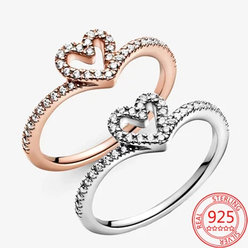 Csillogó 925 Sterling Ezüst Gyűrű Keresztlengőkaros Szív Gyűrű Cirkon V-Gyűrű, Valentin Nap, Évforduló Ajándék Gyűrű