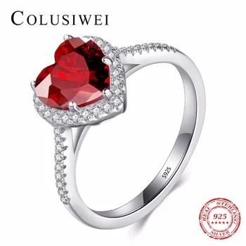 Eljegyzési Szívek Soild Igazi 925 Sterling Ezüst Gyűrű Cirkónia 5A CZ Esküvői Piros Szív Ékszer márka Gyűrűk Női Ajándék