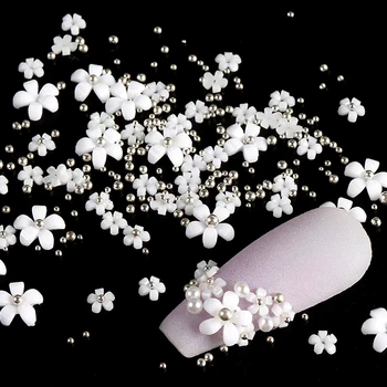 Fehér Akril Virágok Köröm Díszítés Vegyes Kaviár Beads 3D Nail Art Strasszos Korea Japán Kawaii Szirom Köröm Tartozékok