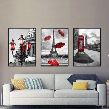 Fekete-Fehér Torony Piros Esernyő Vászon Festmény Párizs Wall Street Art Poszter Nyomtatja a Kép Él Otthon Dekoratív