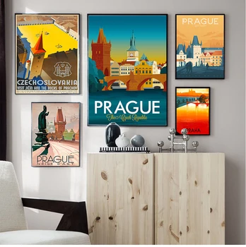 Festmények Vintage Travel Fal Kraft Plakátok Bevont Fal Matricák Lakberendezési Ajándék Látogatás Cseh Köztársaság, Prága Vászon
