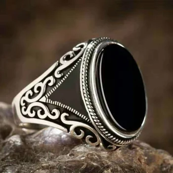 Férfi Divat Vintage Ezüst Faragott Gyűrű Természetes Drágakő, a Fekete Achát Kő Gyűrű Nemes Úr Eljegyzési Gyűrűt