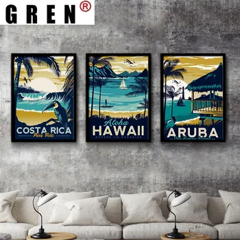 GREN Costa Rica Hawaii Sea Beach Tájkép Vászon Rajzfilm Festmény Wall Art Nyomtatás Plakát, Kép, Modern Nappali Berendezés