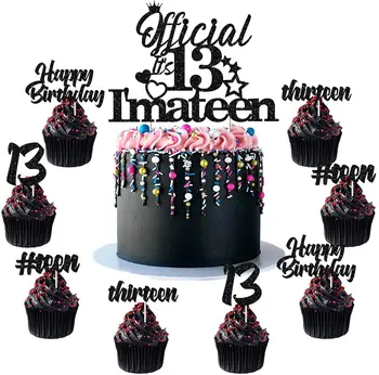 Hivatalos 13 vagyok Tini Torta Topper 24 Pack Fekete Csillogás a Tinédzser Fiúk Tizenhárom éves Születésnapi Party Dekorációk, Kellékek