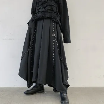 Homens fita preto escuro calças de perna larga masculino feminino japão streetwear punk gótico hárem calças kimonó saia