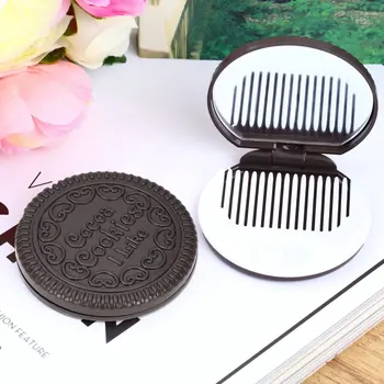 Hordozható Mini Aranyos aranyos Hölgyek, Lányok Tükör Divatos Csokis Cookie-Alakú Design Kozmetikai Tükör Smink Csokoládé Comb