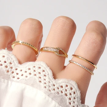 Innovatív Design 14k Igazi Arany Geometriai Gyűrűk Nők Temperamentum Amulett Ékszer Állítható Nyílt Ragyogó AAA Cirkónium-oxid Fél