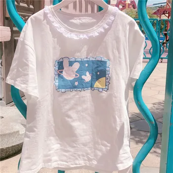 Japán Kawaii tshirt a Nők Nyári Felsők Tini Lány Puha Lolita Csipke Aranyos Nyuszi Grafikus Póló, Fehér, Rózsaszín, Édes, Nőies pólók