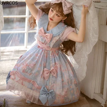 Japán Édesség, Rózsaszín Lolita Egy Darab Ruha Nők Aranyos Íj Nyúl Nyomtatás Kawaii Csipke Princess Party Ruhák Lány Vintage Tündér Ruha