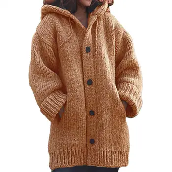Kapucnis Pulóver egyszínű Zsebbel Meleg egysoros Közepes hosszúságú Kötött Kardigán Kabát Streetwear Túlméretes Plus Size M-5XL