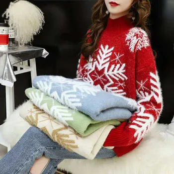 Karácsonyi hópehely dekoráció készlet laza téli új női magas gallér, hosszú ujjú pulóver, rövid nők több színben