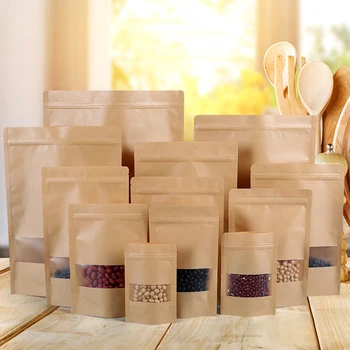 Kraft Papír Táska Zip-Zár Ablak Ajándék Tea Csomagolás Élelmiszer-Állj Fel Tasak Tároló Zsák