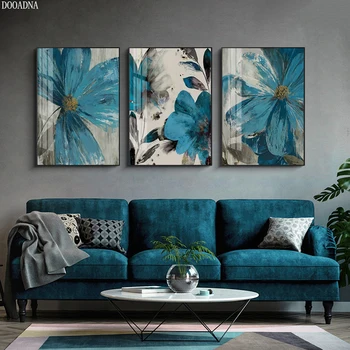 Kék retro festmény, virág, absztrakt vászon festmény virágzó növényi élet poszter nyomtatás fal művész haza kép dekoráció