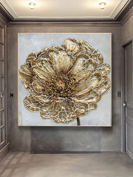 Kézzel készített Arany Fólia Virág, Absztrakt Vastag olaj festmény Modern Art Kép A nappaliban Modern Művészeti Vászon Kiváló Minőségű