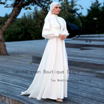 Lakshmigown Elegáns Muszlim Szatén Esküvői Ruha, Hosszú Ujjú 2022 Magas Nyakú Suknia Slubna Bohém Rendelkező Nők Esküvői Ruhák