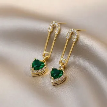Luxus Divat Zöld Kristály Szív alakú Hosszú Medál, Arany Fülbevaló Nő Jane Aranyos/kedves koreai Fülbevaló Ékszer Kiegészítők