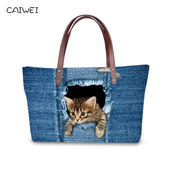 Luxus Táskák, Női Táskák Tervező Kék Jean Táska Kiváló Minőségű Nők Messenger Bags Aranyos Állat A Macska Bolsas Nagy Utazás Táskák