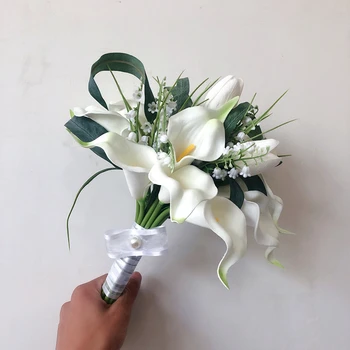 Menyasszonyi Csokor Virág Artificielle Igazi Kapcsolatot PU Fehér Kála Koszorúslány Virág Lány a Házasság Deco Kis Esküvői Csokor