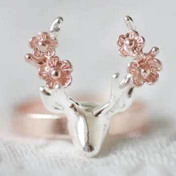 Milangirl Divat Ezüst Agancs Gyűrű Rózsa Arany Két Hang Virág Szarvas Gyűrűk a Nők, Évforduló, Karácsony