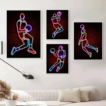 Modern Neon Fény Művészeti Képzelet Kosárlabda Sport Nyomatok Plakátok, Képek Absztrakt Wall Art Vászon Festmények Irodában, Otthon Dekoráció