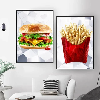 Modern sült Krumplit, meg a Hamburger Poszter, Nyomatok Wall Art Vászon Festmény Kép Étterem, Konyha Gyors Élelmiszer Bolt, Dekoráció