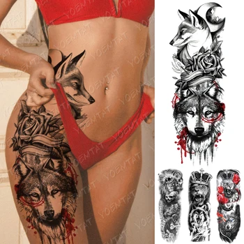 Nagy Kar Hüvely Tetoválás Fox Hold Farkas Rose Vízálló Ideiglenes Tatto Matrica Oroszlán Korona Derék, Láb Body Art Hamis Tetoválás A Nők