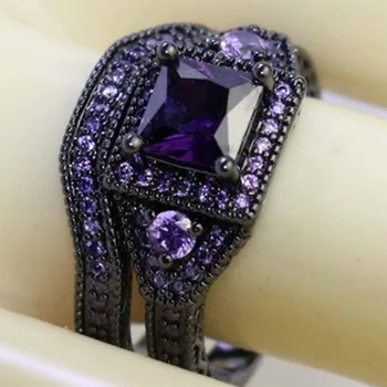 Nagykereskedelmi Divat Ékszerek Hercegnő Vágott Lila Cirkon kő Fekete Teli Esküvői Gyűrű Készlet Évforduló