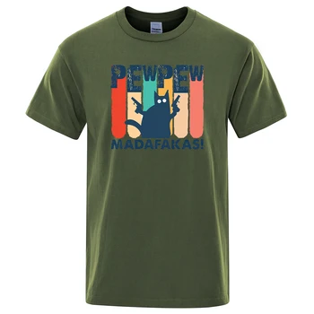 Pew Pew Madafaks Macska Nyomtatás Férfi T-Shirt-Sleeve Kényelmes Póló Lélegző Vintage Maximum Túlméretezett Alkalmi Mens Tshirts