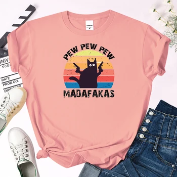 Pólók női pew pew madafakas Macska a fegyver vicces rajzfilm nyomtatási felsők női Alkalmi kawaii O-nyakú póló harajukua Slim Tshirt