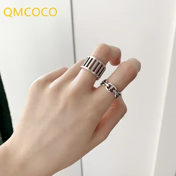 QMCOCO 2021 Új Stílus Egyszerű 925 Ezüst Gyűrű Finom Ékszerek Divat Kreatív Üreges Mértani Party Kellékek, Ajándékok Nőknek